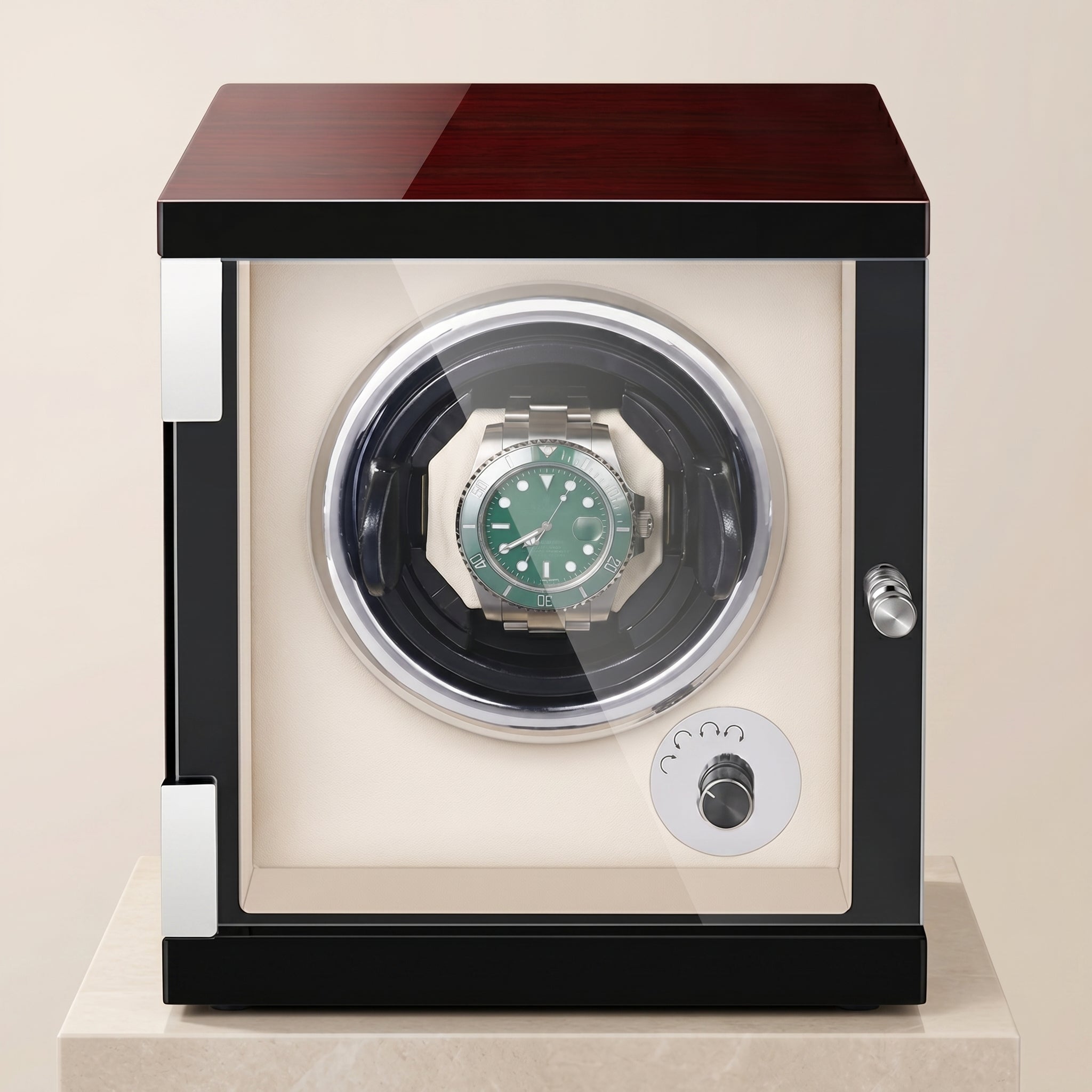 Remontoir Individuel Vitré pour Montre Automatique – Coffret Noir et Bois